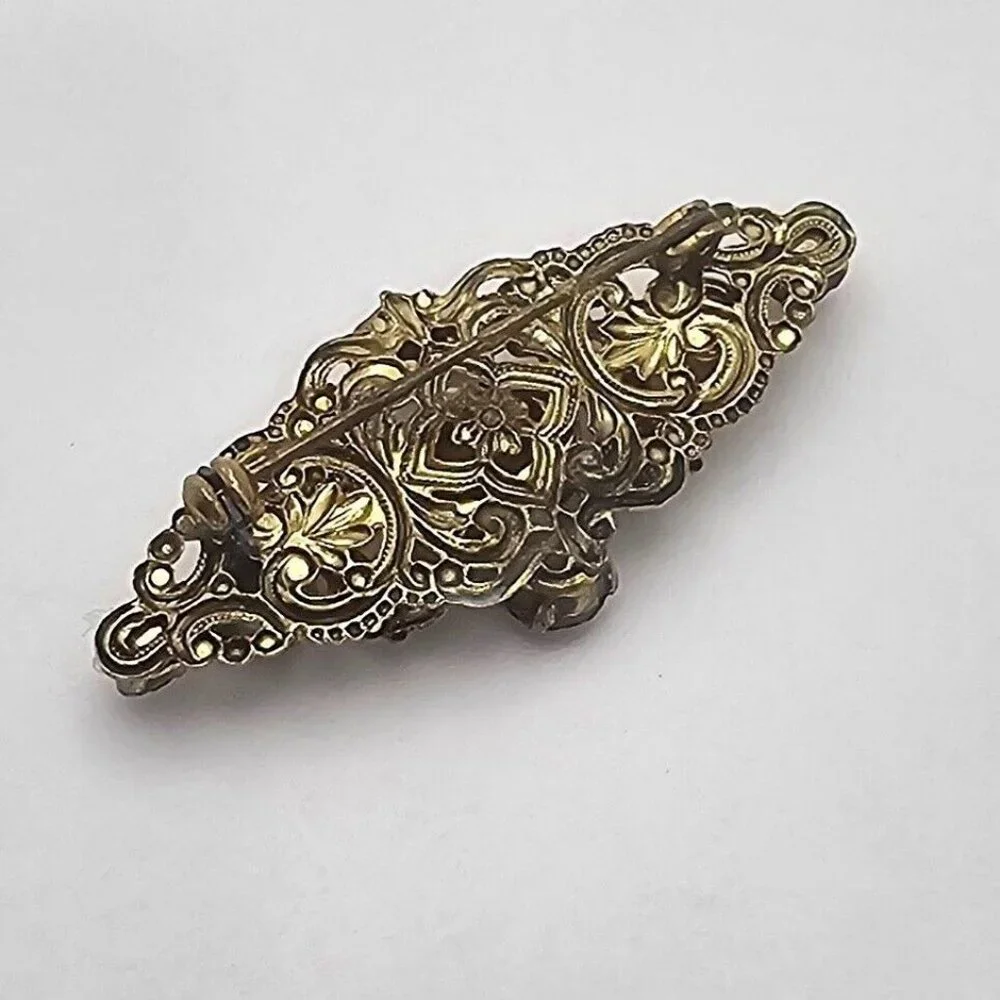 Vtg Red Rhinestone Filigree Brooch Victorian Revival Romance Old‎ Hollywood Glam